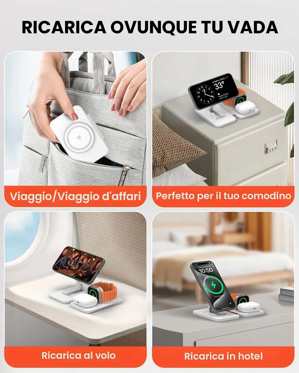 GEEKERA Caricatore con Magsafe, 3 in 1 Stazione di Ricarica per Apple Watch e iPhone Air/17/16/15/14/13/12, Caricatore Wireless per iWatch 2-Ultra 3, Base Caricabatterie per AirPods 2-Pro 3, bianca
