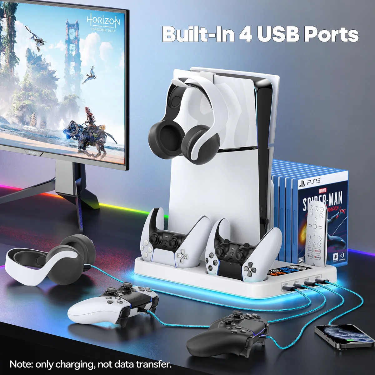 Tokluck Supporto PS5 Slim con Ventola e Ricarica, Base Verticale con Caricatore Joystick per Accessori PS5