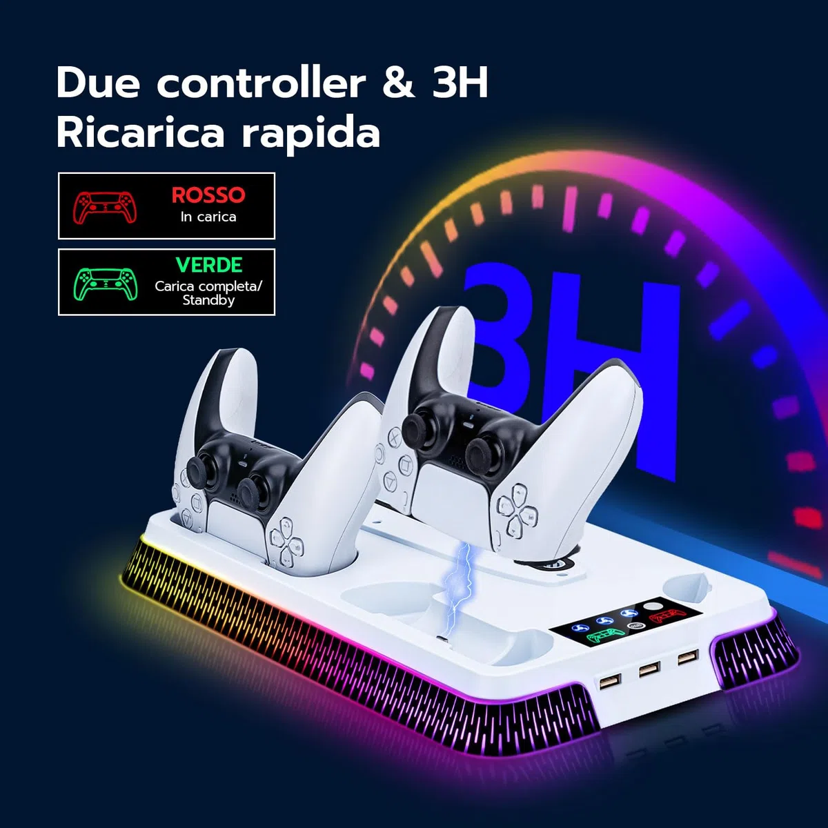 Wigearss Supporto Verticale Raffreddamento PS5/PS5 Slim/PS5 Pro con Doppio Caricatore Controller, Base di Ricarica Joystick PS5 con Ventola Raffreddamento, Illuminazione RGB per PS5/PS5 Slim/PS5 Pro