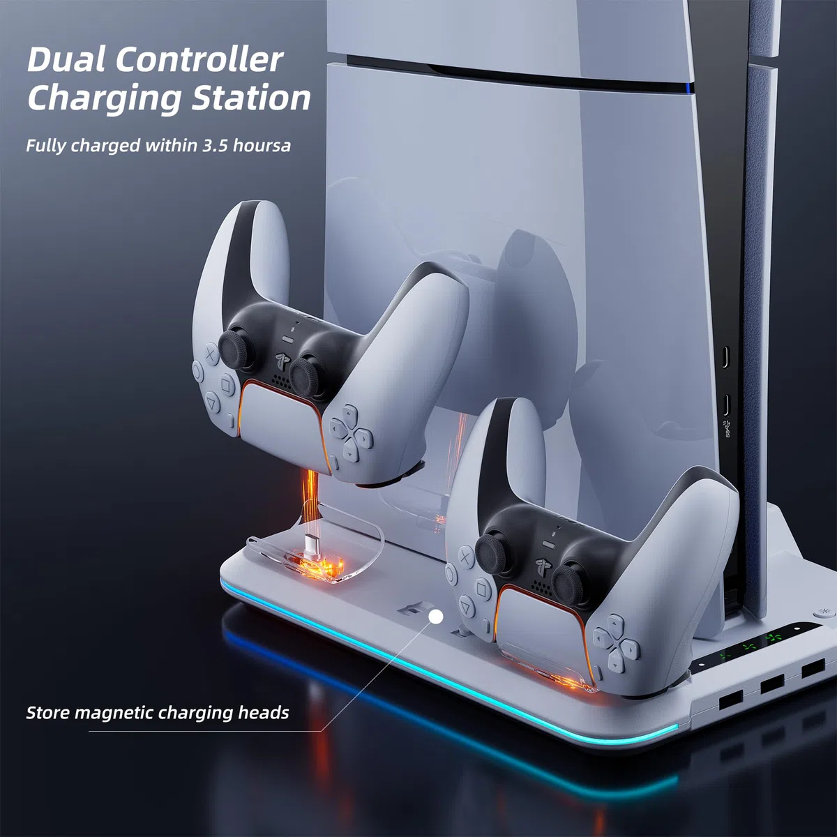 Mytrix Stazione di raffreddamento per la nuova console PS5 Slim 2023 (edizioni disco e digitale), supporto PS5 Slim con ventola a 3 velocità, stazione di ricarica con caricatore controller, 14 luci