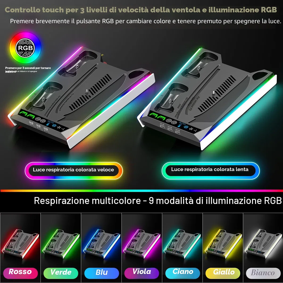Supporto PS5 Slim Pro Console Disco Digitale Base Raffreddamento Ricarica Illuminazione RGB Caricatore Controller Ventola 3 Livelli Accessori