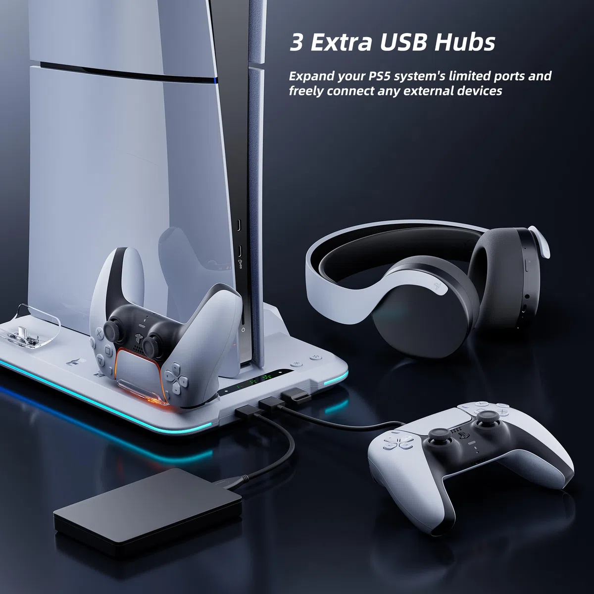Mytrix Stazione di raffreddamento per la nuova console PS5 Slim 2023 (edizioni disco e digitale), supporto PS5 Slim con ventola a 3 velocità, stazione di ricarica con caricatore controller, 14 luci