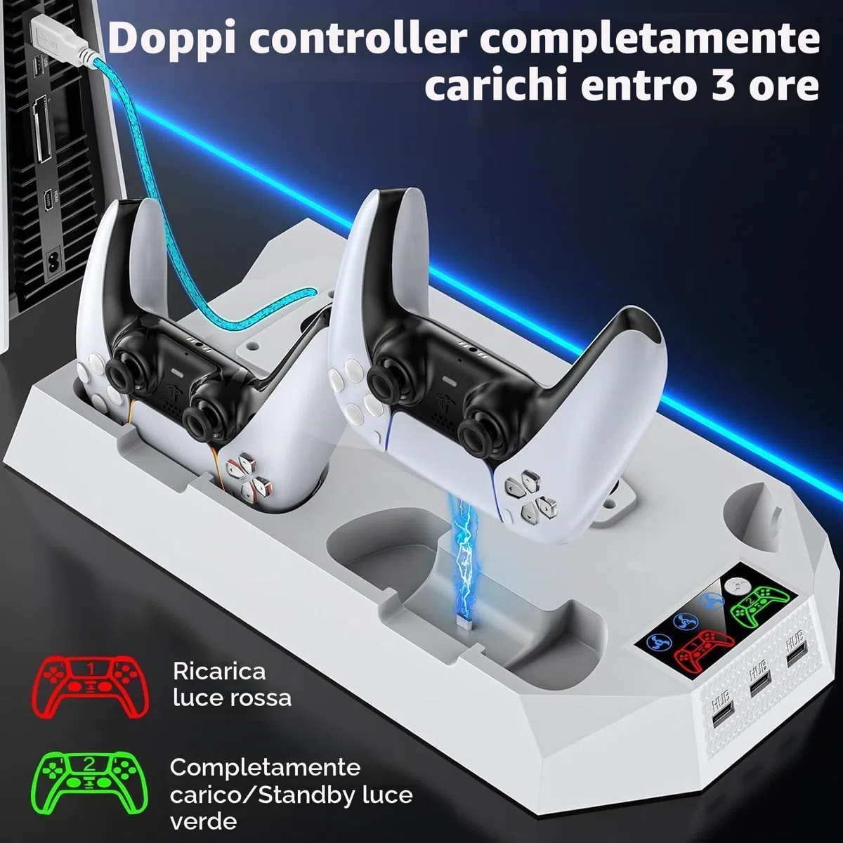 Tokluck Supporto per PS5/Slim/Pro con Raffreddamento, Caricatore per PS5 Controller, Ventola per PS5 a 3 velocità con Supporto per Cuffie e 3 USB HUB