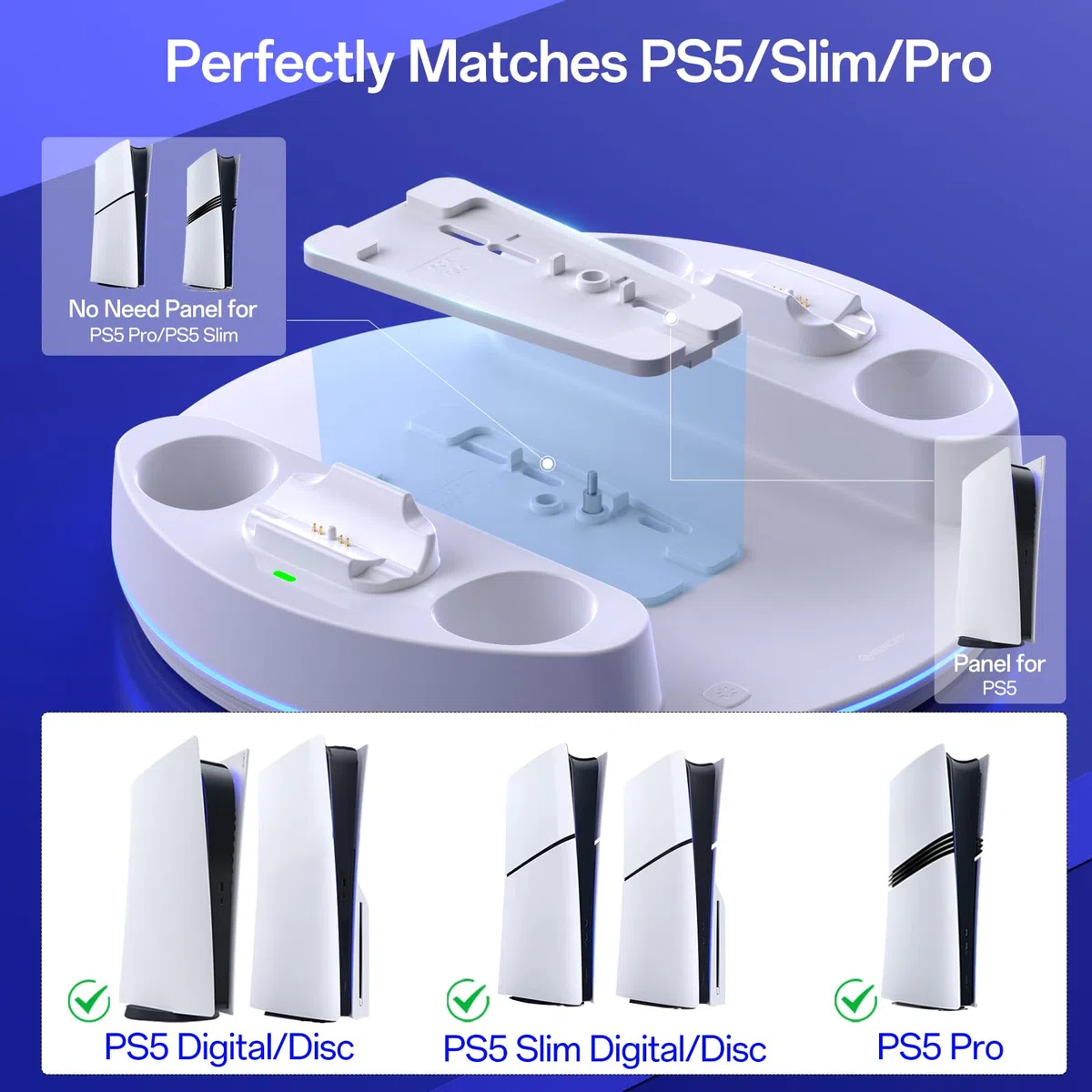 NEWDERY per PS5/PS5 Slim/PS 5 Pro Stand, stazione di ricarica doppio controller con luce RGB per PlayStation 5, supporto verticale per Playstation 5 Digital/Disc Console, bianco