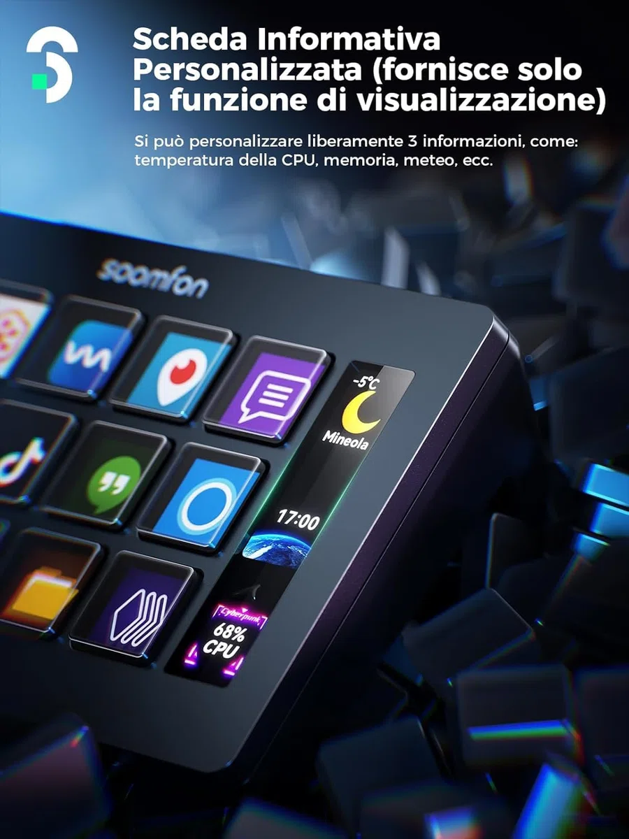 SOOMFON Stream Controller Deck V.2024, 15 Macro Pulsanti LCD Personalizzabili per OBS, Twitch, YouTube, Live-Streaming