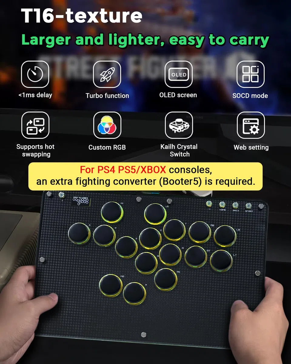 JZW-Shop Haute42 Arcade Stick T16-texture, controller arcade a tutti i pulsanti per Switch/PC/PS4/PS3/Steam Deck, tastiera da gioco Slim Arcade Fight Stick con Turbo e RGB personalizzato, supporta