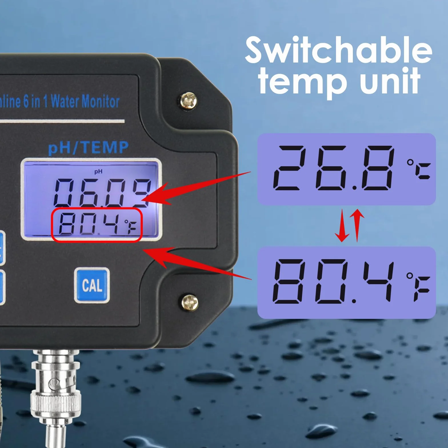 Monitor EC pH per Idroponica, Tester della Qualità dell’Acqua 6-in-1 con Wi-Fi, Misuratore di pH, Monitoraggio Continuo di pH, PPM, EC, CF, Umidità e Temp per Sistemi di Coltivazione Indoor DWC