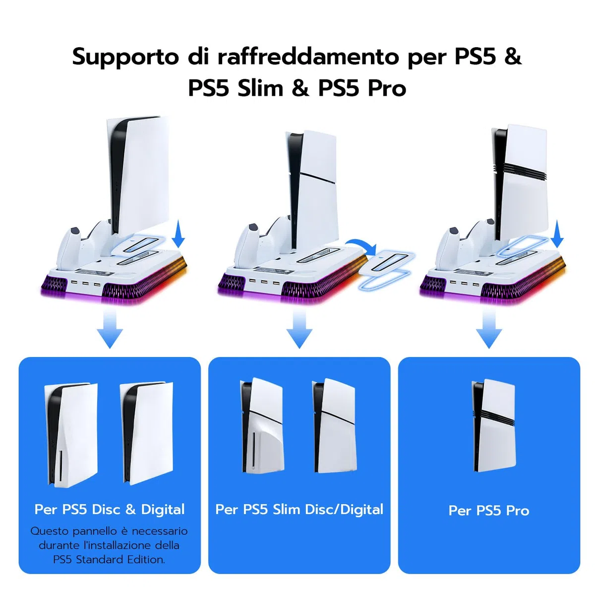 Wigearss Supporto Verticale Raffreddamento PS5/PS5 Slim/PS5 Pro con Doppio Caricatore Controller, Base di Ricarica Joystick PS5 con Ventola Raffreddamento, Illuminazione RGB per PS5/PS5 Slim/PS5 Pro