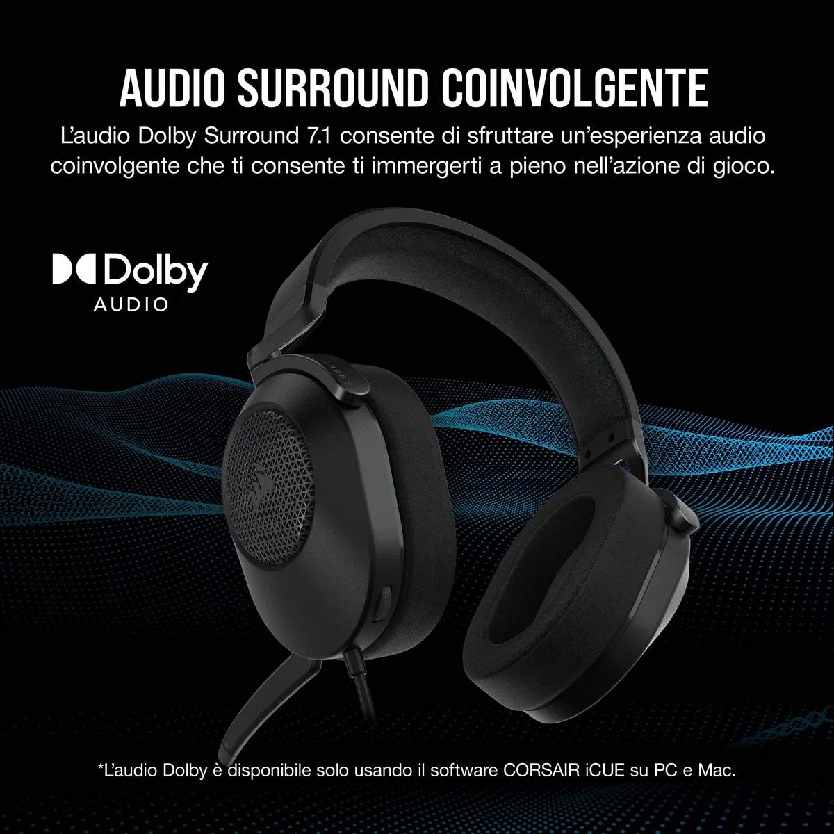 Corsair HS65 Surround Cuffie Gaming Cablate 7.1 Multipiattaforma Carbonio Dolby Surround SonarWorks SoundID iCUE PC Mac PS5 PS4 Xbox Nintendo Switch Mobile