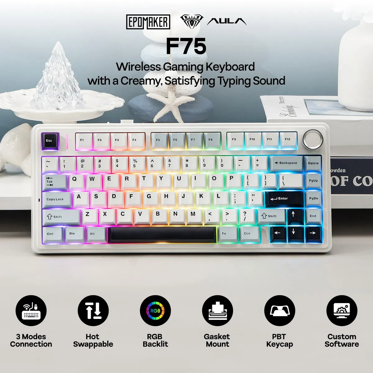 EPOMAKER Aula F75 Gasket Tastiera Meccanica 75% Wireless Bluetooth USB-C RGB NKRO LEOBOG Reaper Switch Light Blue
