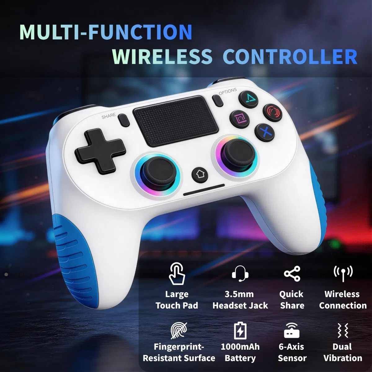 Wireless Controller per PS4 con Vibrazione USB-C Sei-Assi Sensore Giroscopio RGB Jack Audio Pannello Touch per PS4/Slim/Pro/PC