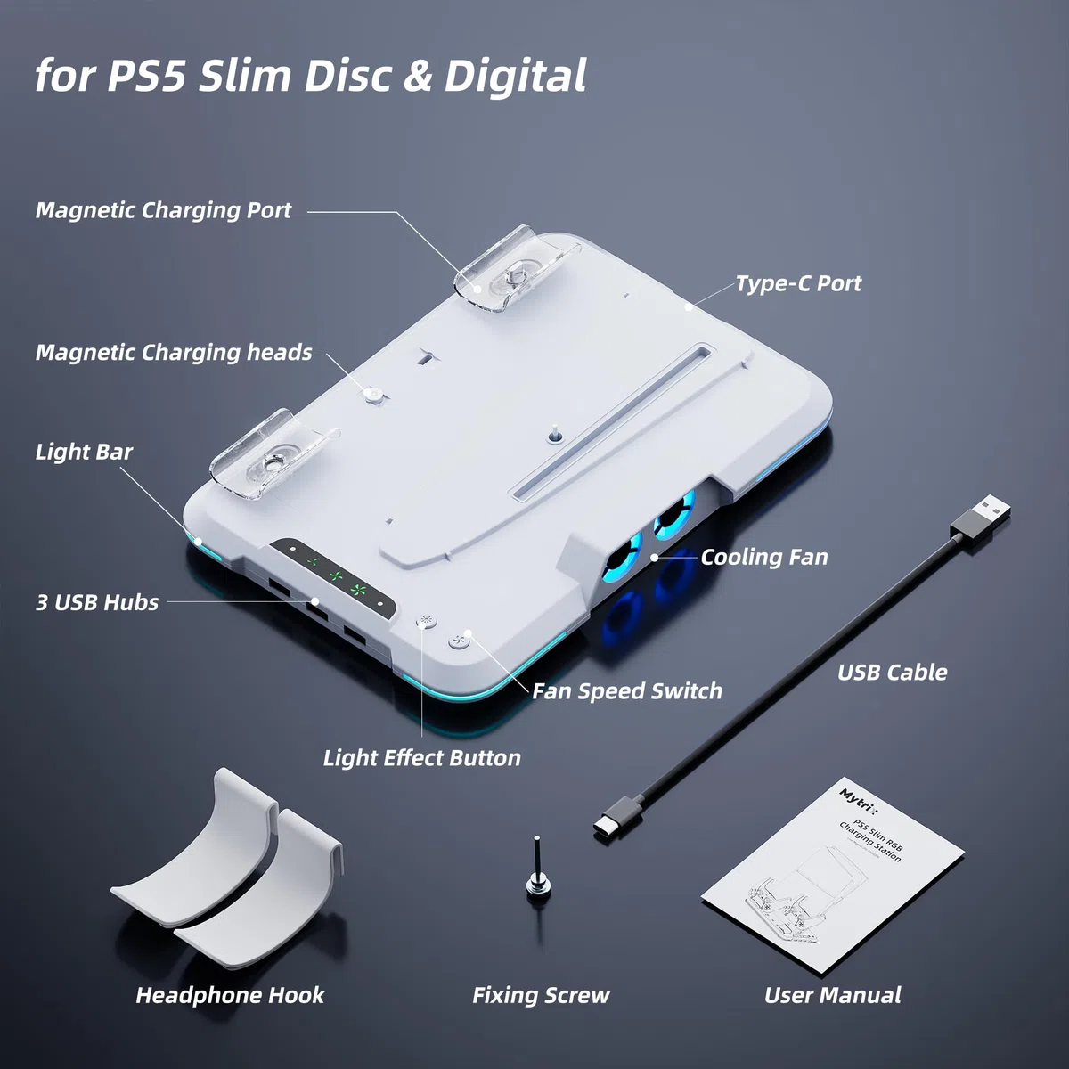 Mytrix Stazione di raffreddamento per la nuova console PS5 Slim 2023 (edizioni disco e digitale), supporto PS5 Slim con ventola a 3 velocità, stazione di ricarica con caricatore controller, 14 luci