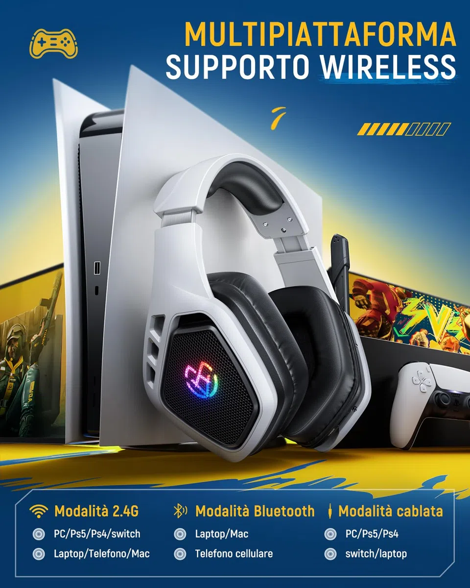 Tatybo Cuffie Gaming Wireless PS5 PS4 Bluetooth 2.4 GHz USB Type-C Microfono 7.1 Batteria 40 Ore PC Mac Laptop Mobile Switch Nero-Bianco