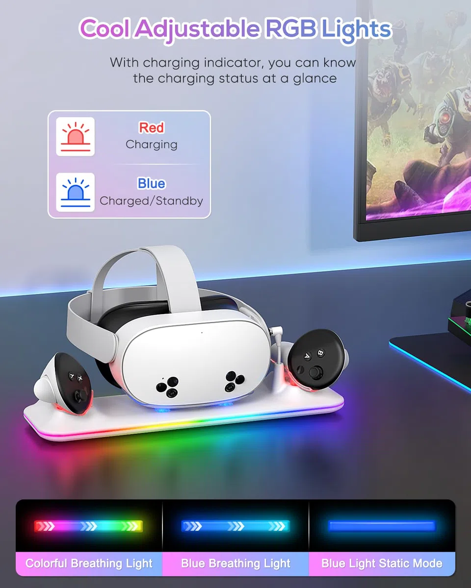 Kinwin Dock di Ricarica Magnetica per Meta Quest 3S/3, Stazione di Ricarica con Luce RGB e 2 Batterie Ricaricabili