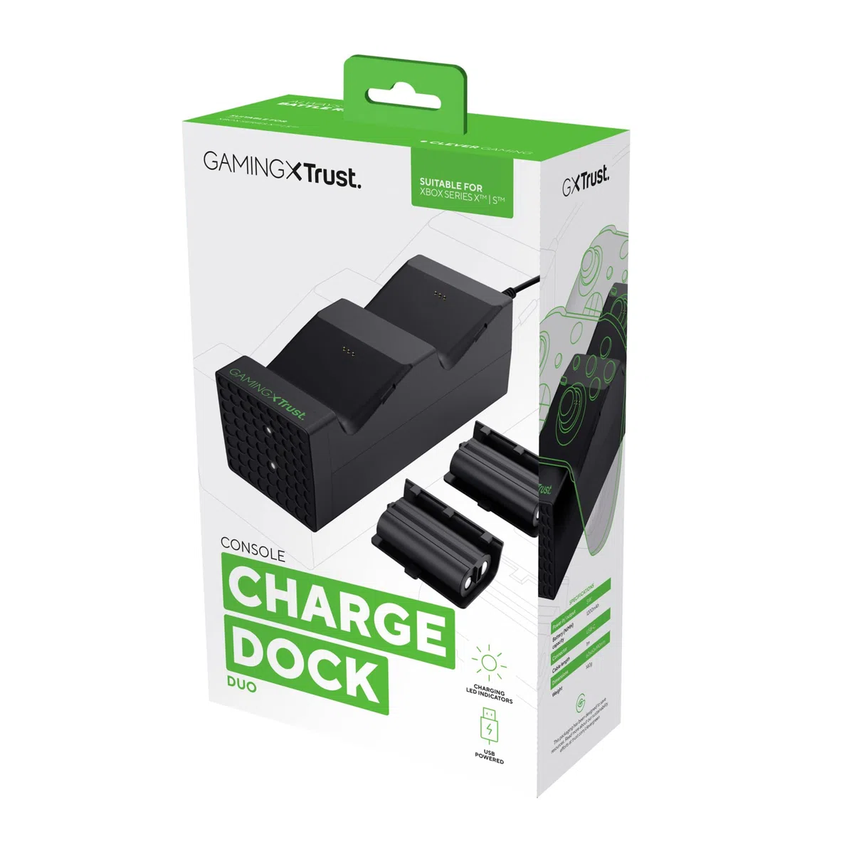 Trust Gaming GXT 250 Ricarica Controller Xbox Series X/S, Docking Station e Indicatore di LED Base di Ricarica Controller, Doppia Stazione di Ricarica per Controller