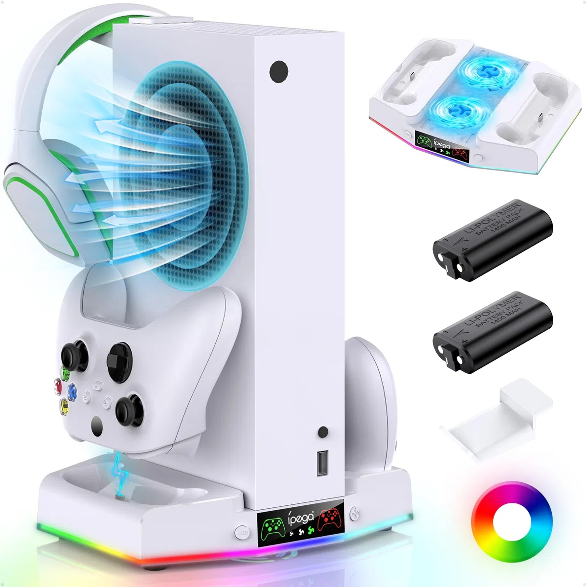 FYOUNG stazione di ricarica Xbox Series S verticale con 15 luci RGB, raffreddamento ventilato, 2 batterie ricaricabili