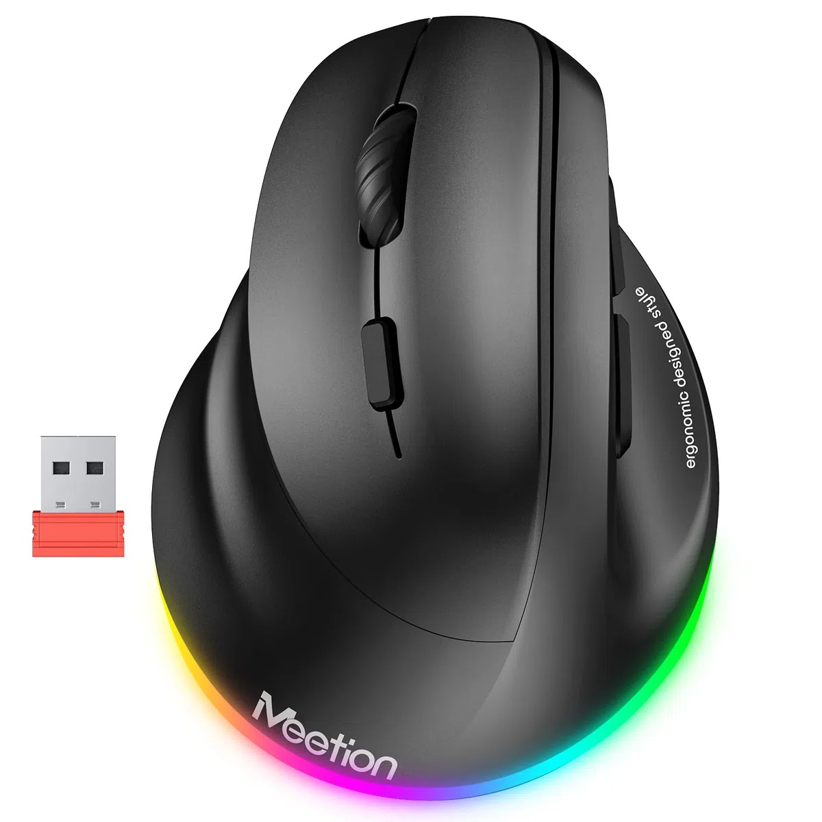 MEETION Mouse per mancini, Mouse ergonomico Mouse verticale senza fili RGB Ricaricabile per Bluetooth (5.2 + 3.0) e USB-A con adattatore Type-c 4 DPI regolabili per Mac/Windows/Andriod/PC/Tablet