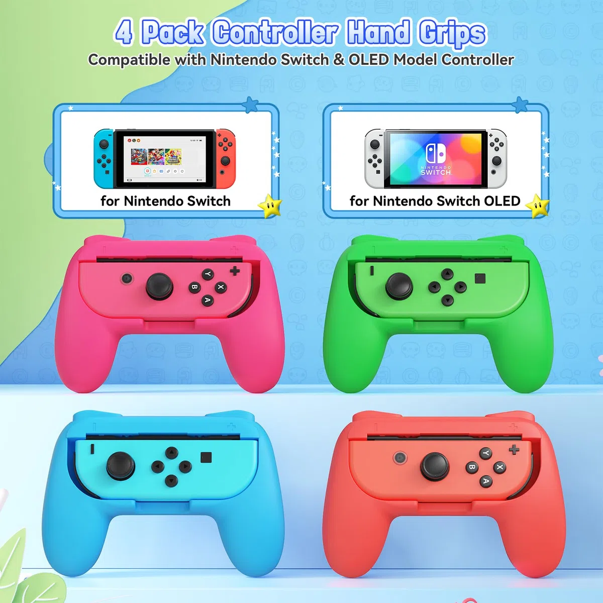 FASTSNAIL Kit di 4 impugnature compatibili con Nintendo Switch per Joy Con, controller resistente all'usura per Joy con e modello OLED con impugnatura da 12 pollici