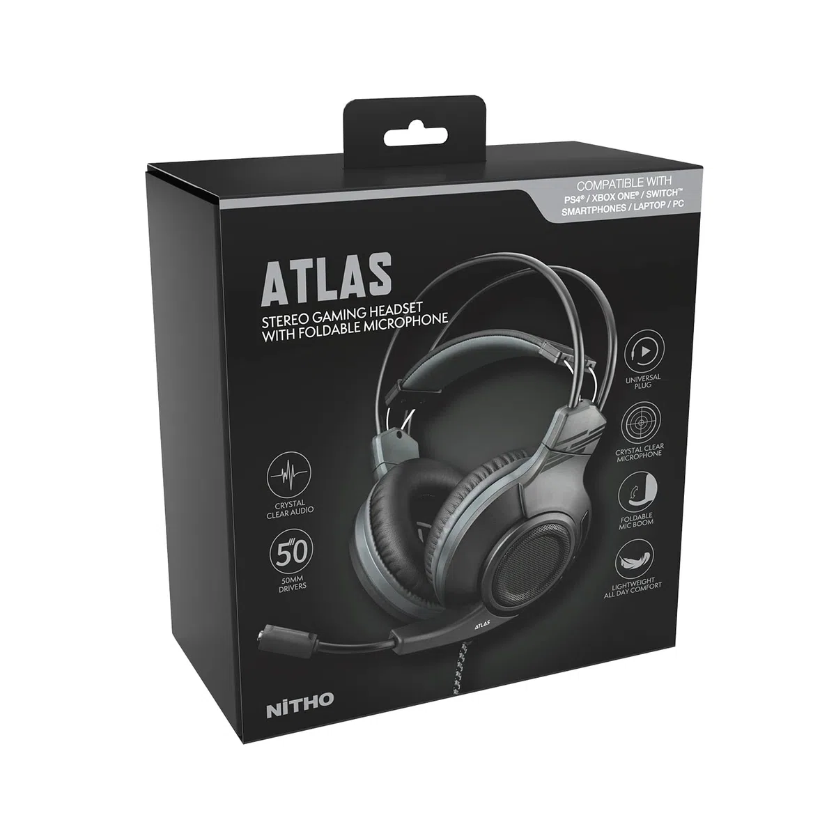NITHO Atlas Cuffie Gaming Over-Ear 50 mm Microfono Flessibile Audio Stereo Jack 3.5 mm PC PS4 PS5 Xbox Smartphone Nero
