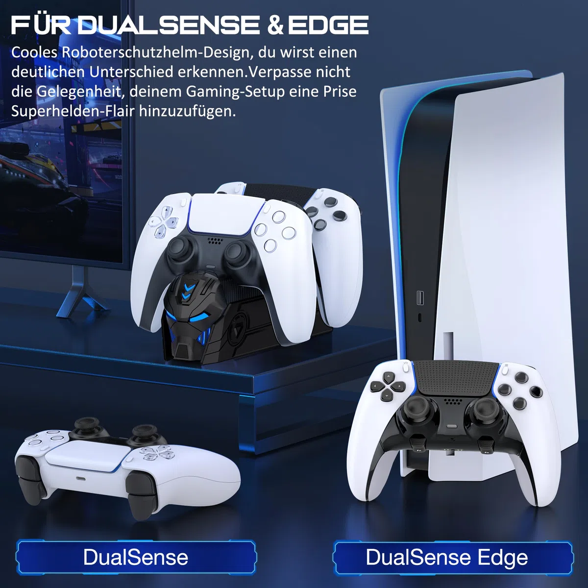 Caricatore Joystick PS5, Accessori PS5 con Aspetto Tecnologicamente Interessante/Ricarica Rapida/Indicatori LED e Segnali Acustici, Base Ricarica Dual PS5 Controller/Edge Controller(Nero)
