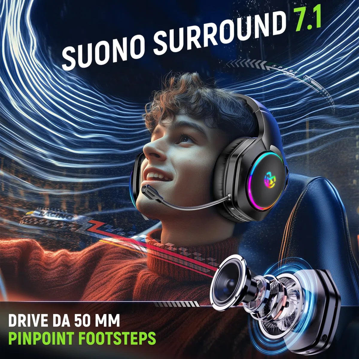 Tatybo Cuffie Gaming Wireless per PC/PS5/PS4, 2,4 GHz+Bluetooth 5.4 Dual Mode, Suono Surround 7.1, Durata 40 Ore