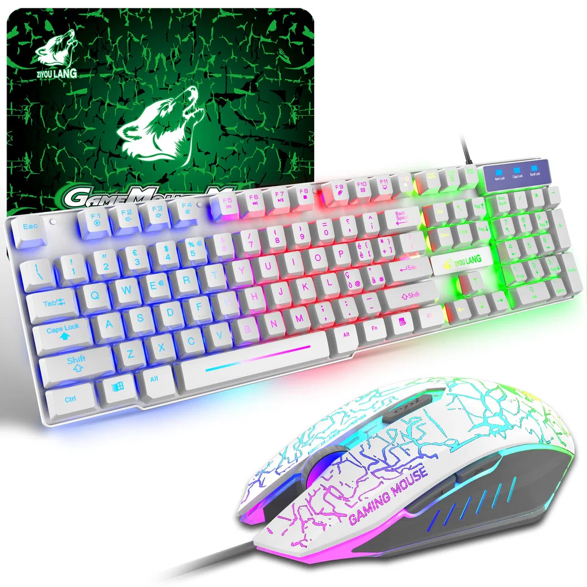 Tastiera e Mouse da Gioco, Gaming Tastiera Retroilluminato a LED Colore Arcobaleno, Mouse 6 Tasti 2400 DPI e Tappetino per Mouse, USB Cablato per PS4 XBox, Bianca