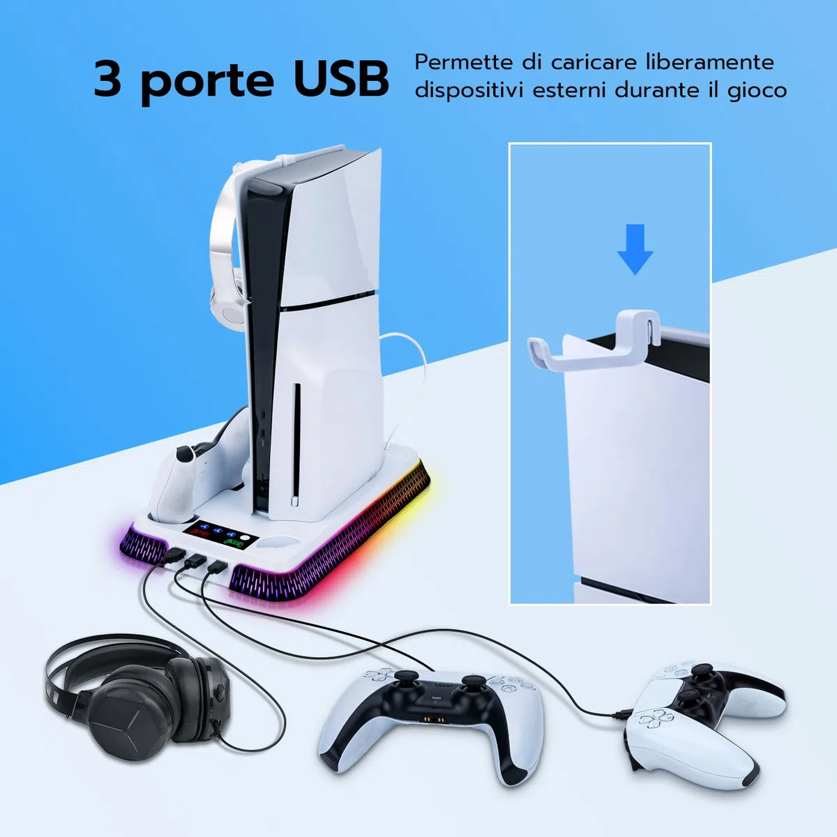 Wigearss Supporto Verticale Raffreddamento PS5/PS5 Slim/PS5 Pro con Doppio Caricatore Controller, Base di Ricarica Joystick PS5 con Ventola Raffreddamento, Illuminazione RGB per PS5/PS5 Slim/PS5 Pro