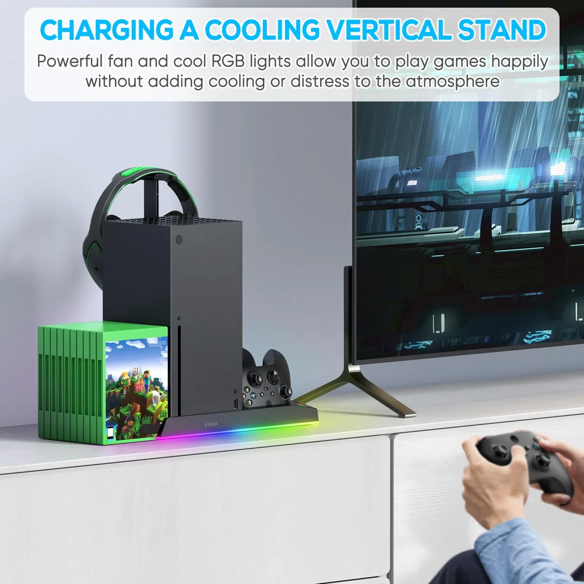 FASTSNAIL Supporto LED RGB per Xbox Series X, controller stazione di ricarica con 2 batterie da 1400 mAh, ventola di raffreddamento e accessori