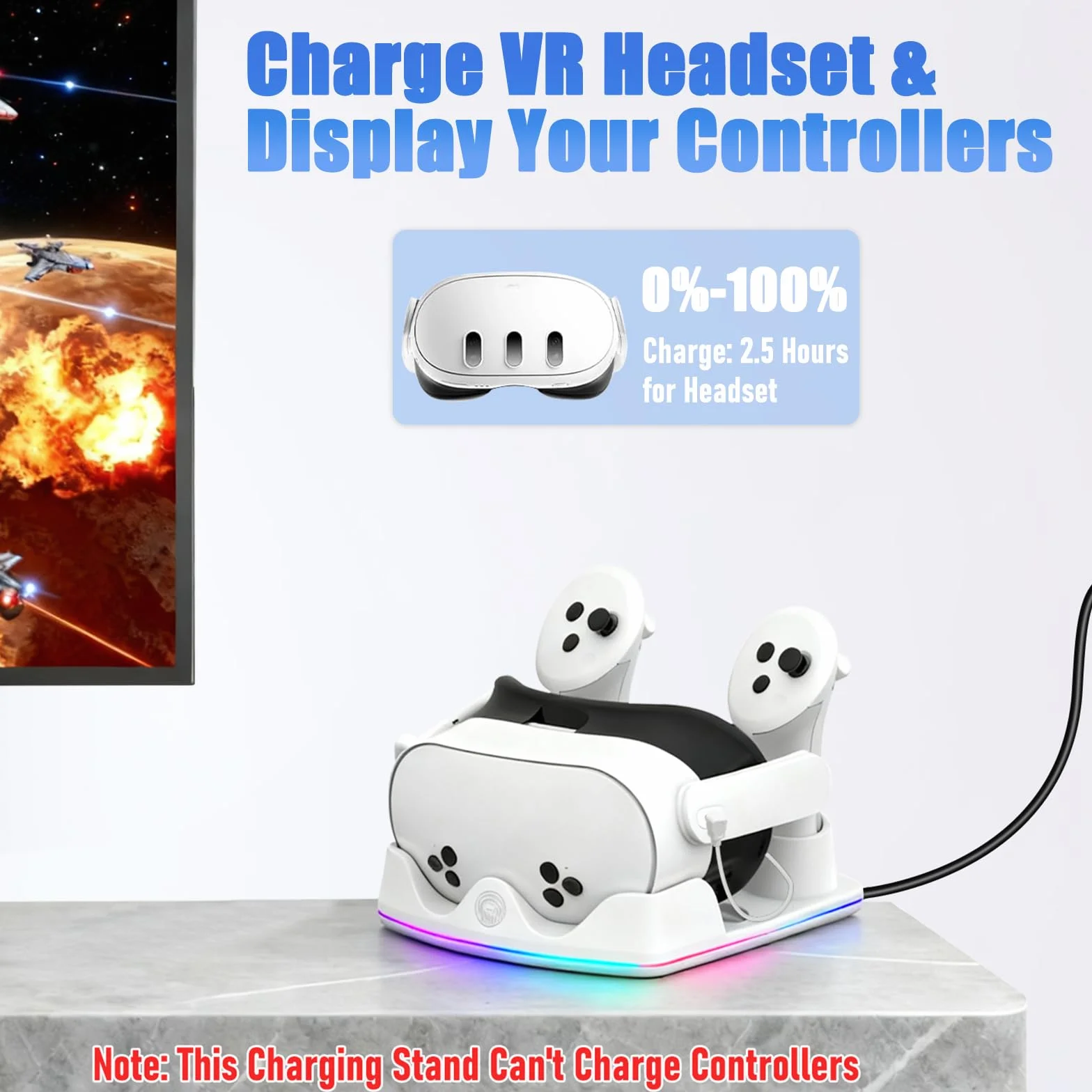 Stazione di Ricarica Compatibile con Meta Quest 2/3/3S, Dock di Ricarica Rapida per Quest 3 con Luci RGB, Caricatore per Cuffie VR, Accessori VR