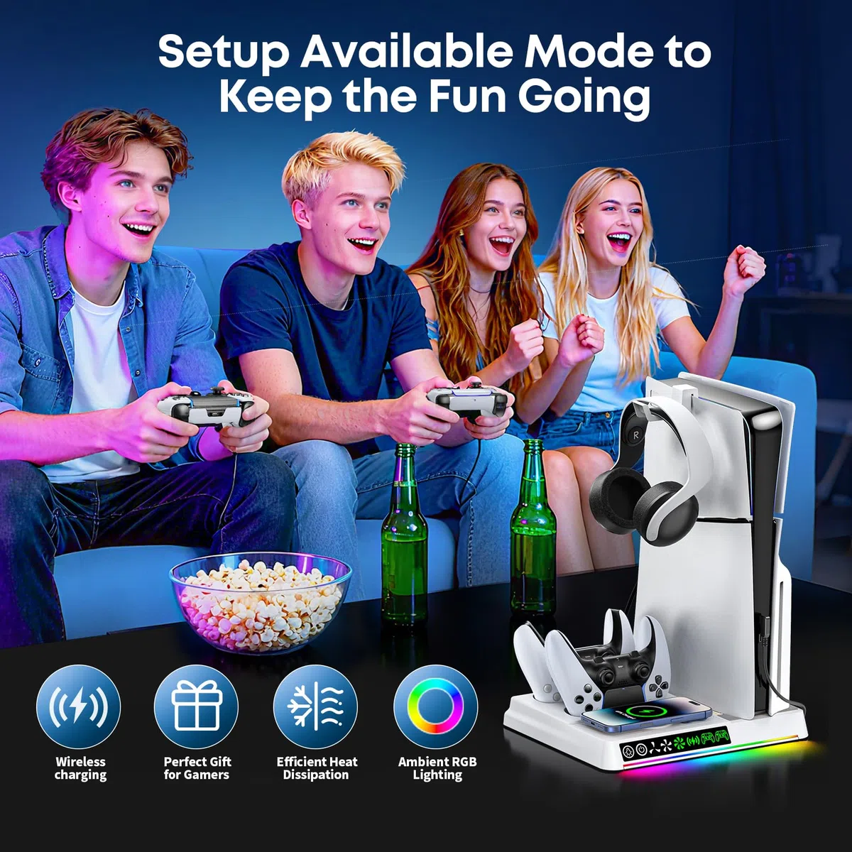 Supporto di Raffreddamento per PS5/Slim/Pro, Caricatore Controller PS5 con Caricatore Wireless, Supporto PS5 con Ventola PS5 a 3 Velocità & 9 Illuminazione RGB, Accessori di PS 5 con Gancio per Cuffie