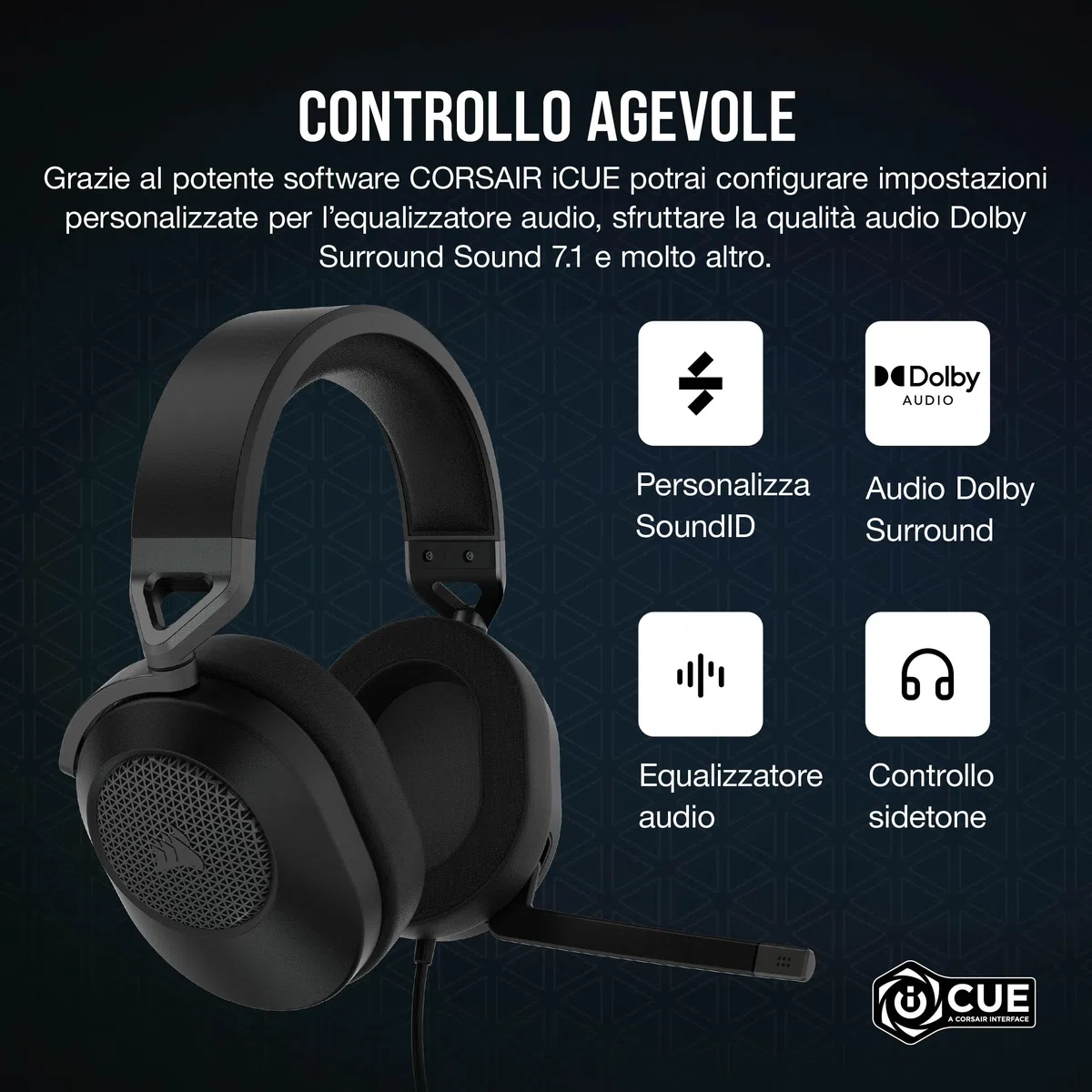 Corsair HS65 Surround Cuffie Gaming Cablate 7.1 Multipiattaforma Carbonio Dolby Surround SonarWorks SoundID iCUE PC Mac PS5 PS4 Xbox Nintendo Switch Mobile