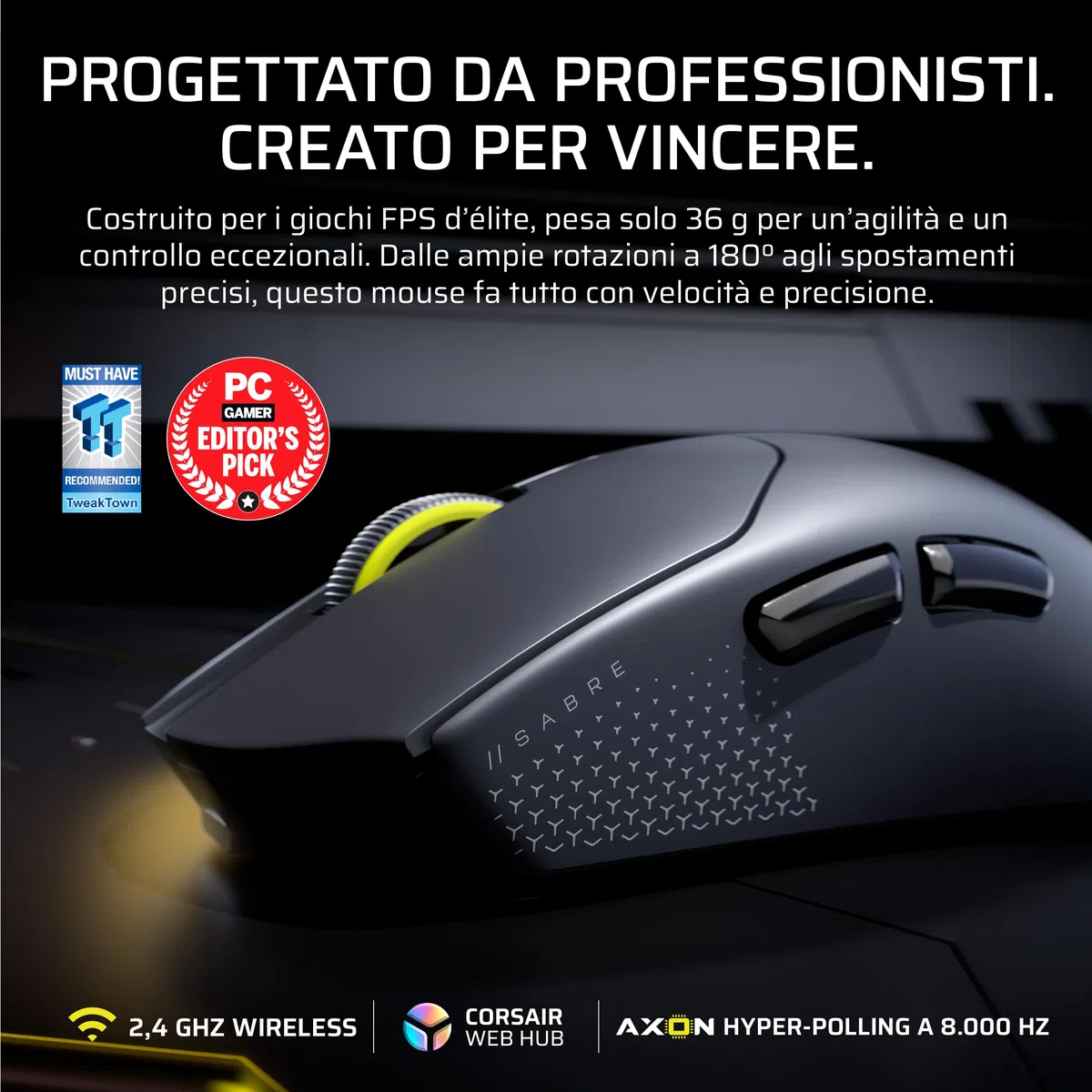 Corsair SABRE v2 PRO Ultraleggero Wireless FPS Mouse Gaming – Nero | 33.000 DPI, 36g di Peso, 8.000Hz Hyper-Polling, Interruttori Meccanici, Fino a 70 Ore di Durata della Batteria Wireless