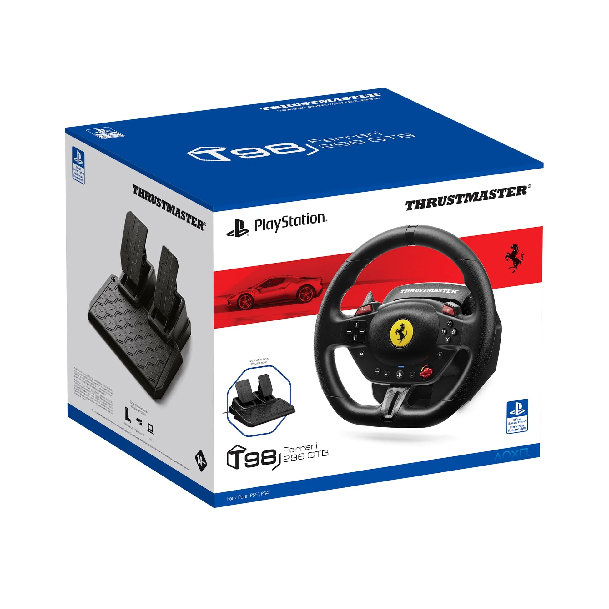 Thrustmaster T98 Ferrari 296 GTB Volante da Corsa con Pedali PS5 PS4 PC Replica Ufficiale Ferrari Tecnologia Bungee Cord Sensori Magnetici H.E.A.R.T