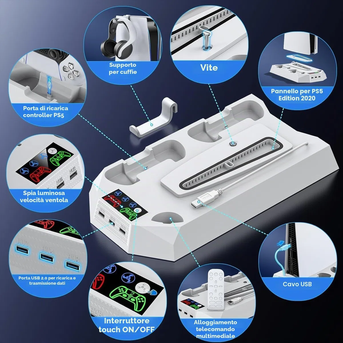 Tokluck Supporto per PS5/Slim/Pro con Raffreddamento, Caricatore per PS5 Controller, Ventola per PS5 a 3 velocità con Supporto per Cuffie e 3 USB HUB