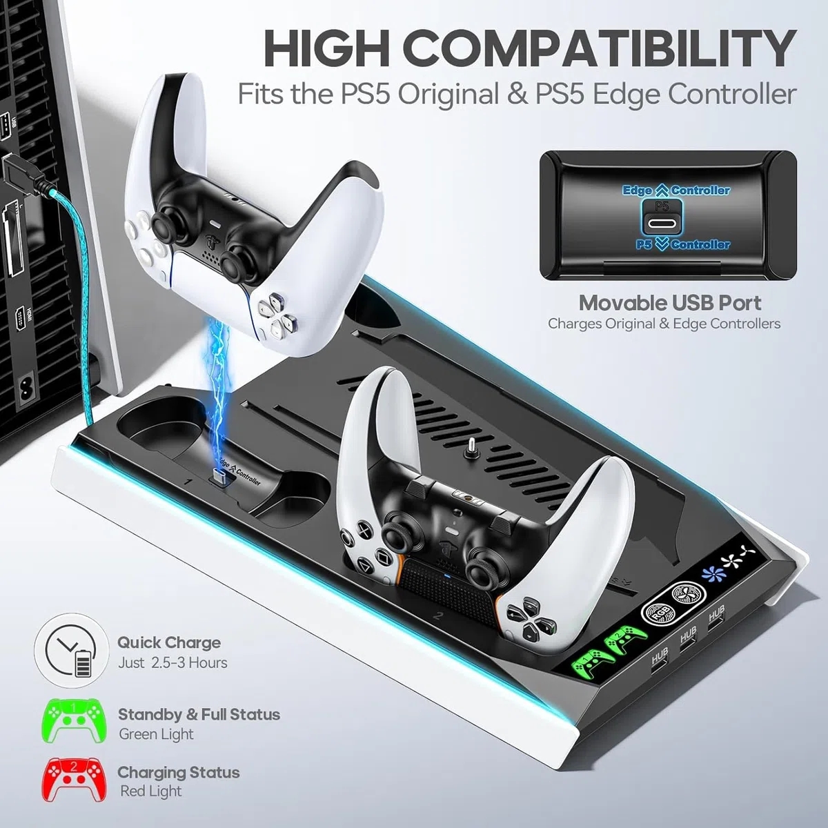 Tokluck Supporto per PS5 e Raffreddamento per PS5/PS5 Slim/PS5 PRO, Ricarica per P5 & Edge Controller, Ventola P5 a 3 velocità con 3 USB HUB