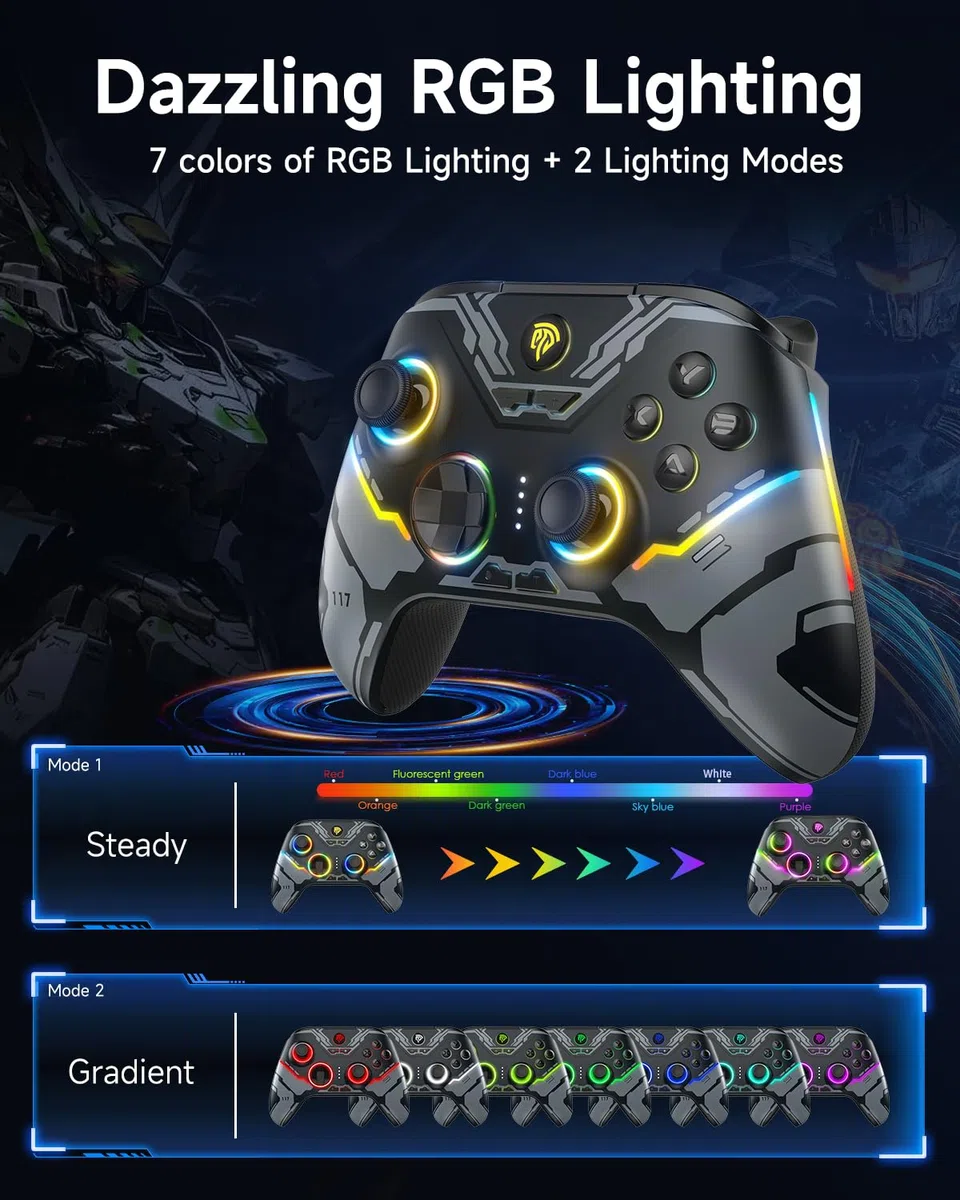 EasySMX X15 Wireless Controller con 7 Luci RGB, Joystick Hall, Trigger Hall, Pulsanti Programmabili per PC/Switch/Telefono/Tablet - Nero