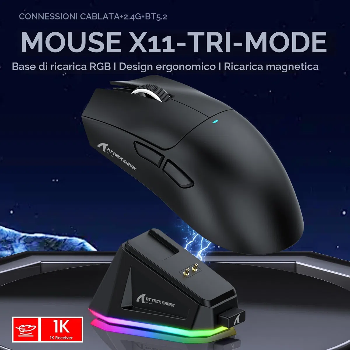 ATTACK SHARK X11 Gaming Mouse PixArt PAW3311 22000 DPI Wireless Wired BT 2.4G Black