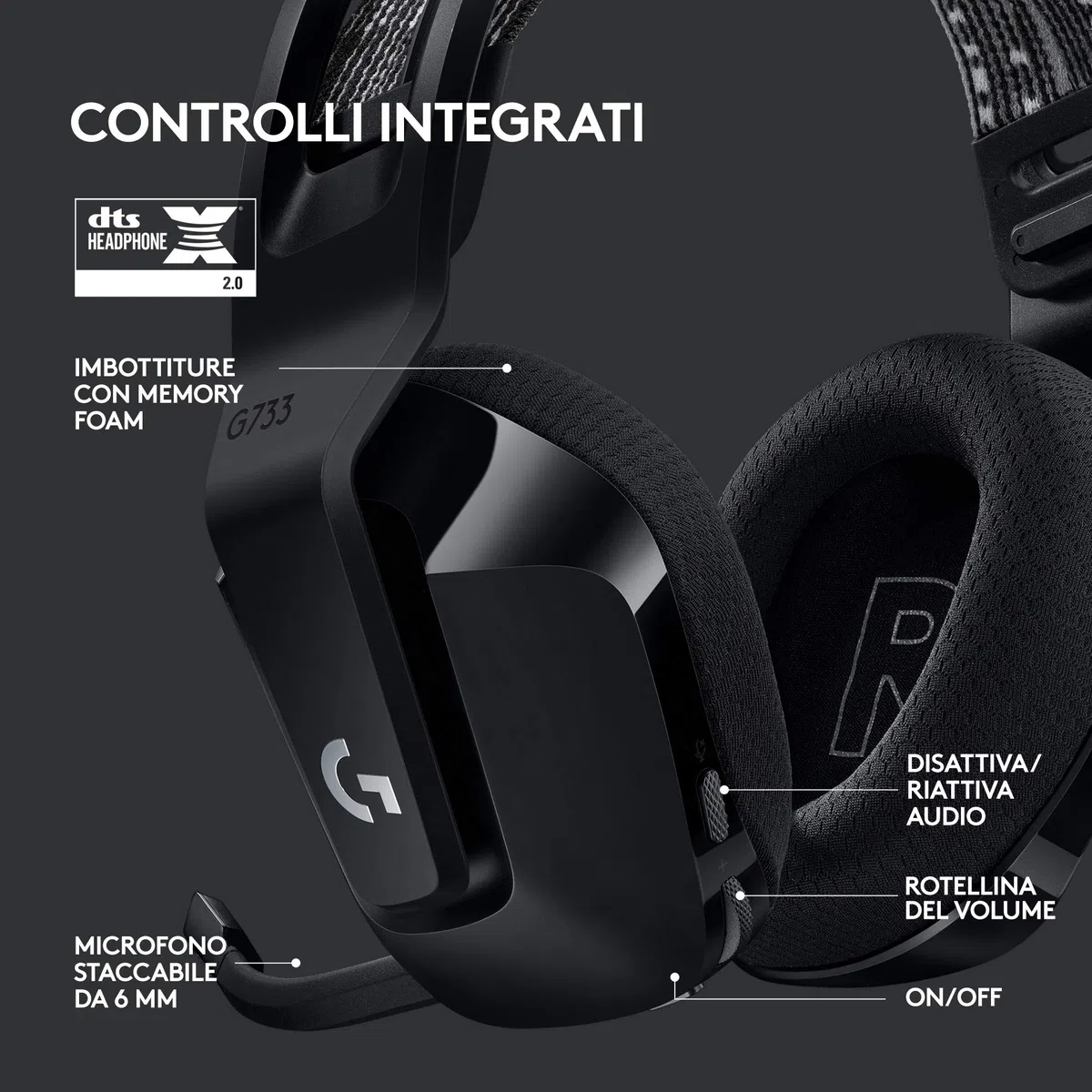 Logitech G733 LIGHTSPEED Wireless Gaming Headset with Microphone, LIGHTSYNC RGB, Blue VO!CE, PRO-G Audio - Nero