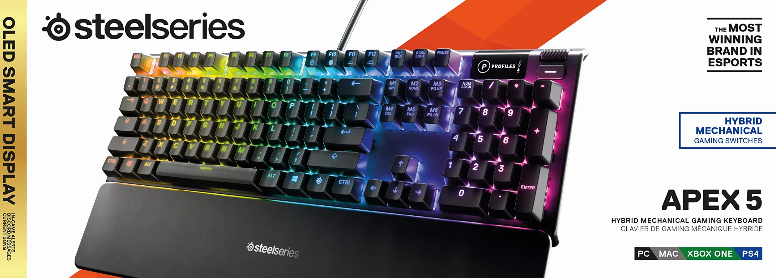SteelSeries Apex 5 Tastiera da gaming meccanica ibrida , Illuminazione RGB per ogni tasto, Struttura in lega di alluminio aeronautico, Smart Display OLED, Layout Turco (QWERTY)