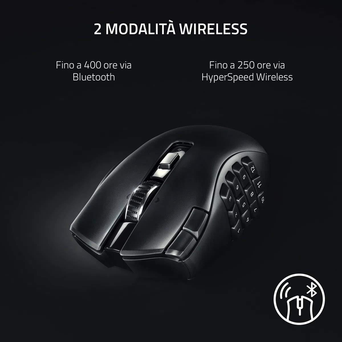 Razer Naga V2 HyperSpeed Mouse da Gioco MMO Wireless Ergonomico 19 Pulsanti Programmabili Nero