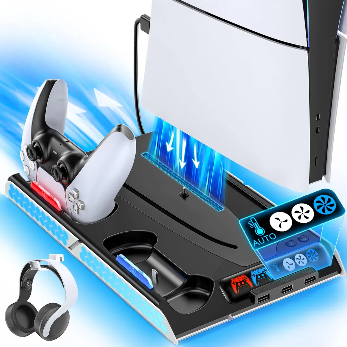 KDD Supporto PS5/PS5 Slim Con Ventola di Raffreddamento Autoregolante, Base PS5 Slim è di Ricarica Dualsense PS5, Base Verticale PS5 per PS5 Slim/PS5 Digital Edition e Disc Edition