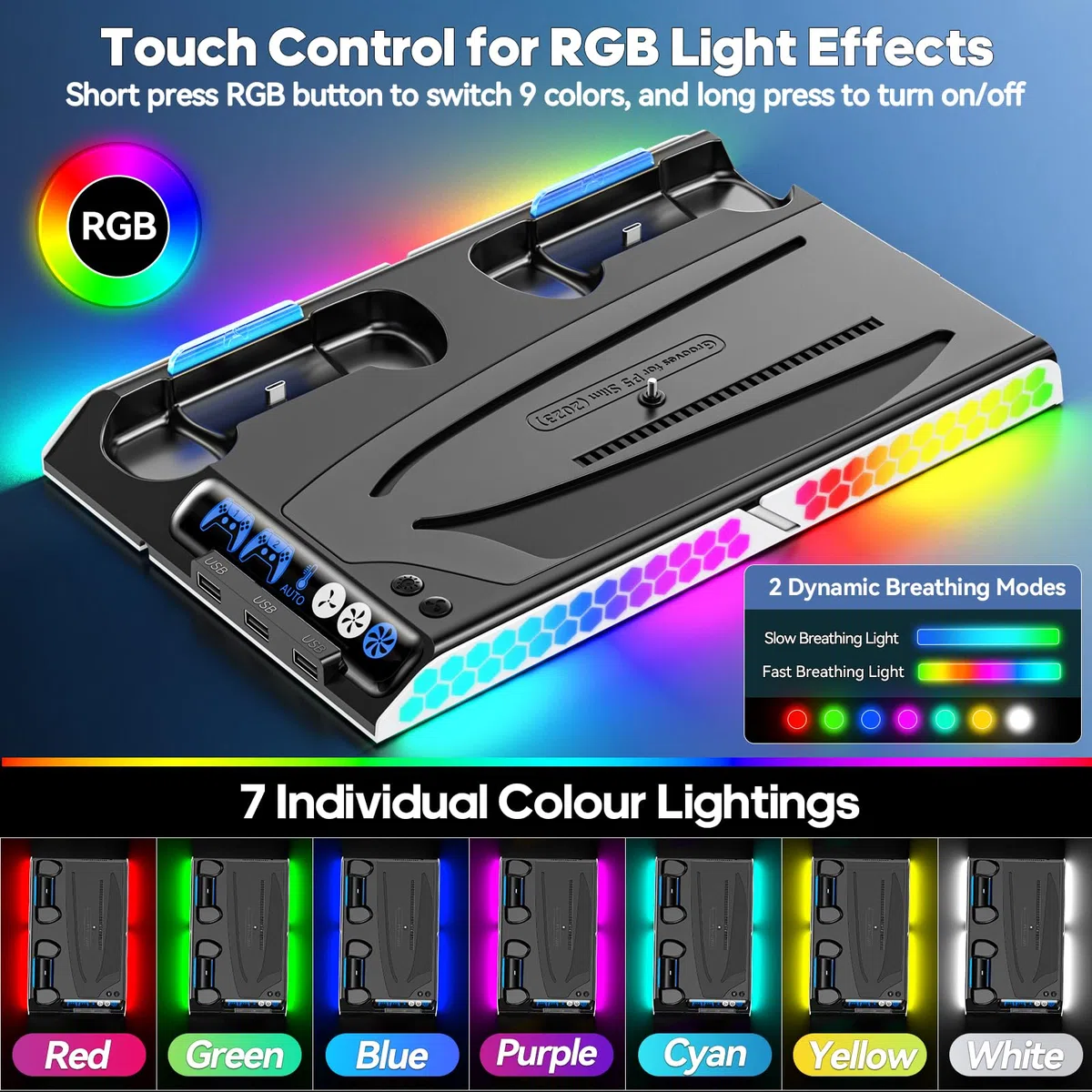 KDD Supporto PS5/PS5 Slim Con Ventola di Raffreddamento Autoregolante, Base PS5 Slim è di Ricarica Dualsense PS5, Base Verticale PS5 per PS5 Slim/PS5 Digital Edition e Disc Edition