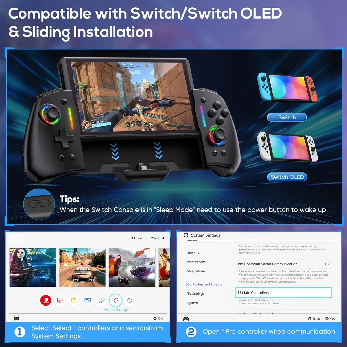 Controller per Nintendo Switch/OLED, RGB Monoblocco Joypad per Joy-Con con TURBO Regolabile, Dual Motor Vibration, Pro Controller per Gaming