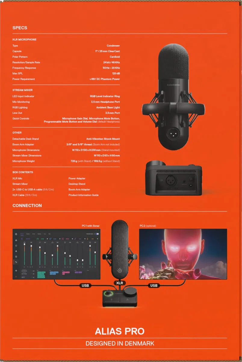SteelSeries Alias Pro Kit - Microfono XLR + Stream Mixer - Capsula 3x più grande per il gioco, lo streaming e il podcasting - Interfaccia USB/XLR - Controlli personalizzati - RGB - PC singolo o doppio