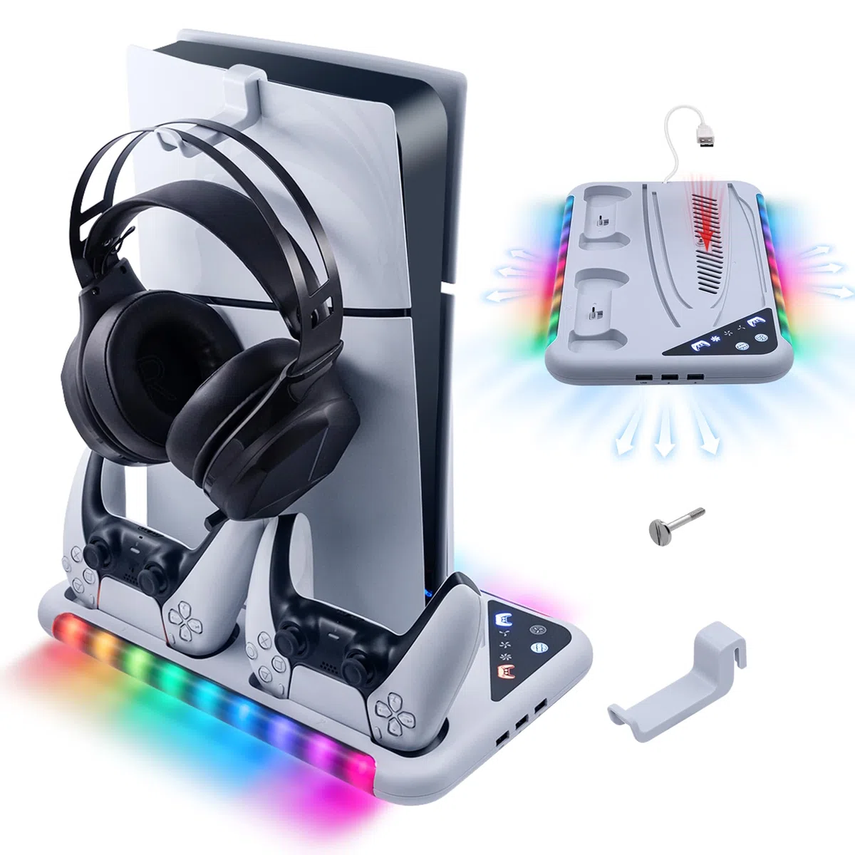 Supporto con ventola per console PS5 Slim/PS5, stazione di ricarica per DualSense/Edge Controller con 9 luci RGB, supporto per cuffie e 3 hub USB per PS5 UHD e Digital-Bianco