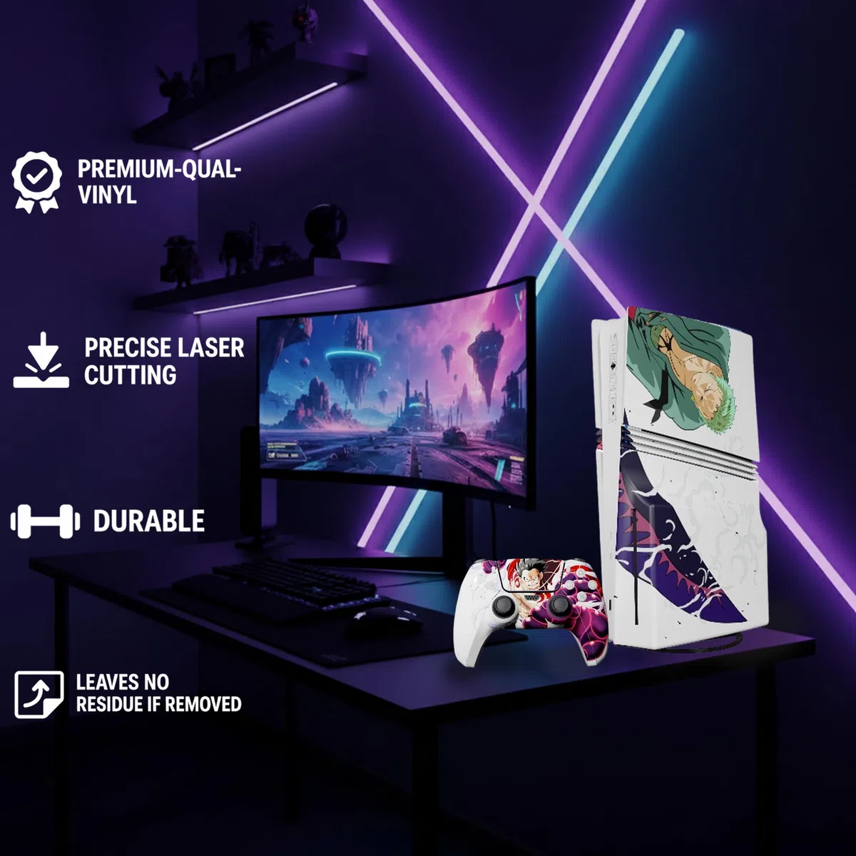 MaD Vision® Extra-Durable Skin Kit per PlayStation 5 (PS5) Digital Slim e Digital Slim | Set di Pellicole Adesive in Vinile Opaco per la Console e 2 Controller - per Anime|OnePiece Design