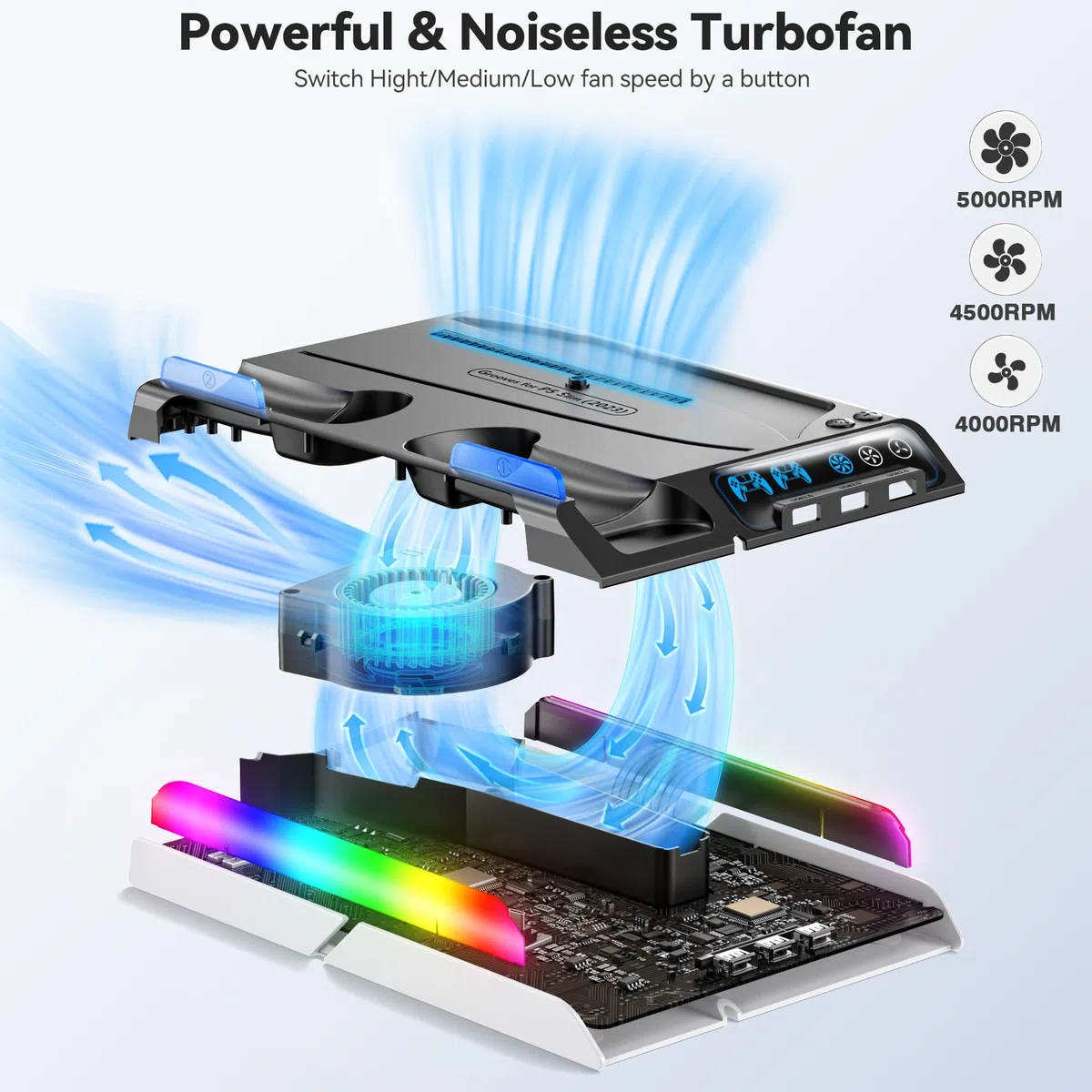 Supporto PS5 Slim con Ventola di Raffreddamento, Staffa per PS5, Base Ricarica Controller PS5, PS5 Accessori per PS5 Slim/P5 Digital Edition e Disc Edition