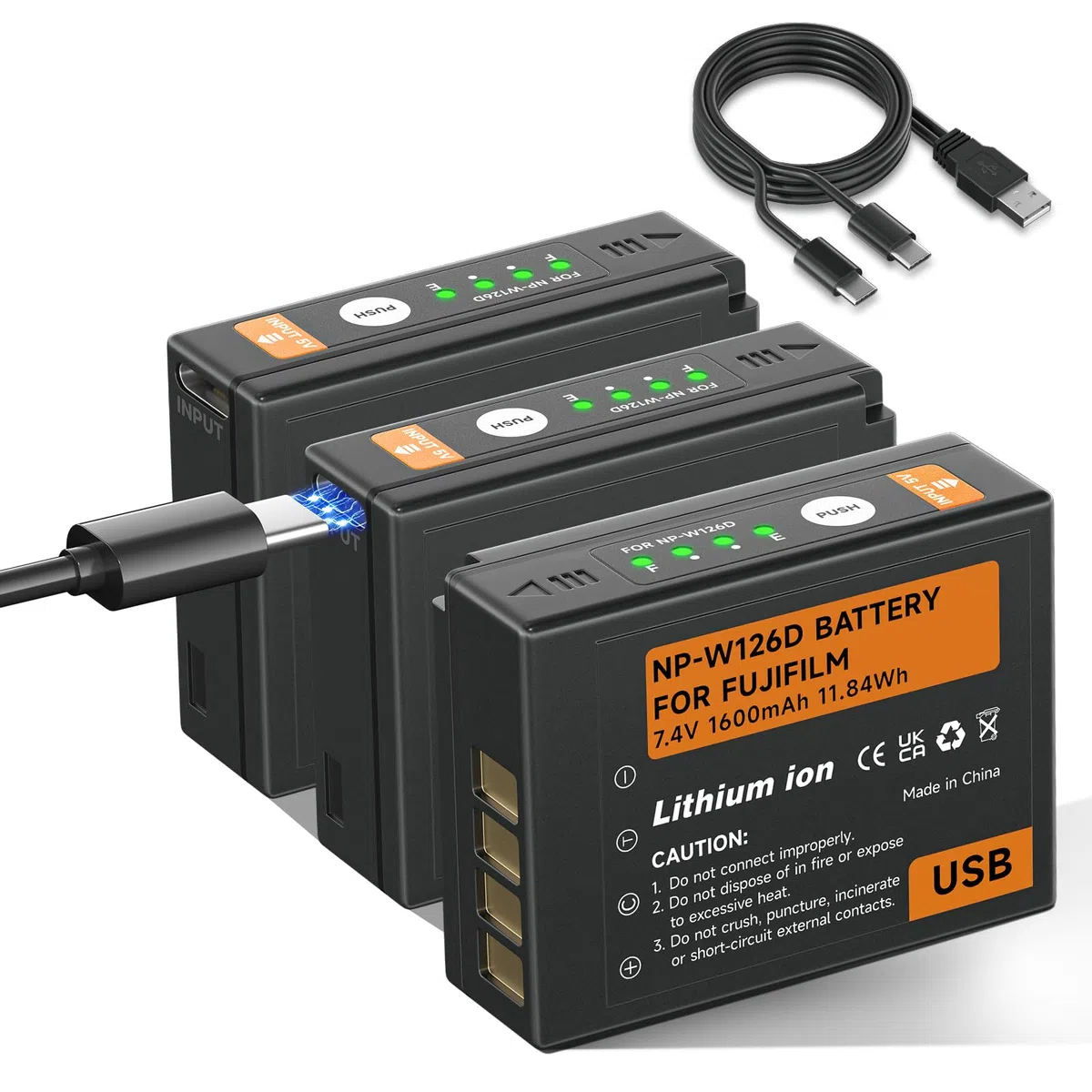 Confezione da 3 batterie NP-W126S 1600 mAh USB Type-C, compatibili con Fuji X-T100,X-T200,X100F,X100V,X-S10,X-A5,X-A10,X-E3,X-E4,X-Pro2,X-Pro3,X-T1,X-T2,X-T3,X-T10,X-T20,X-T30,X-T30 II