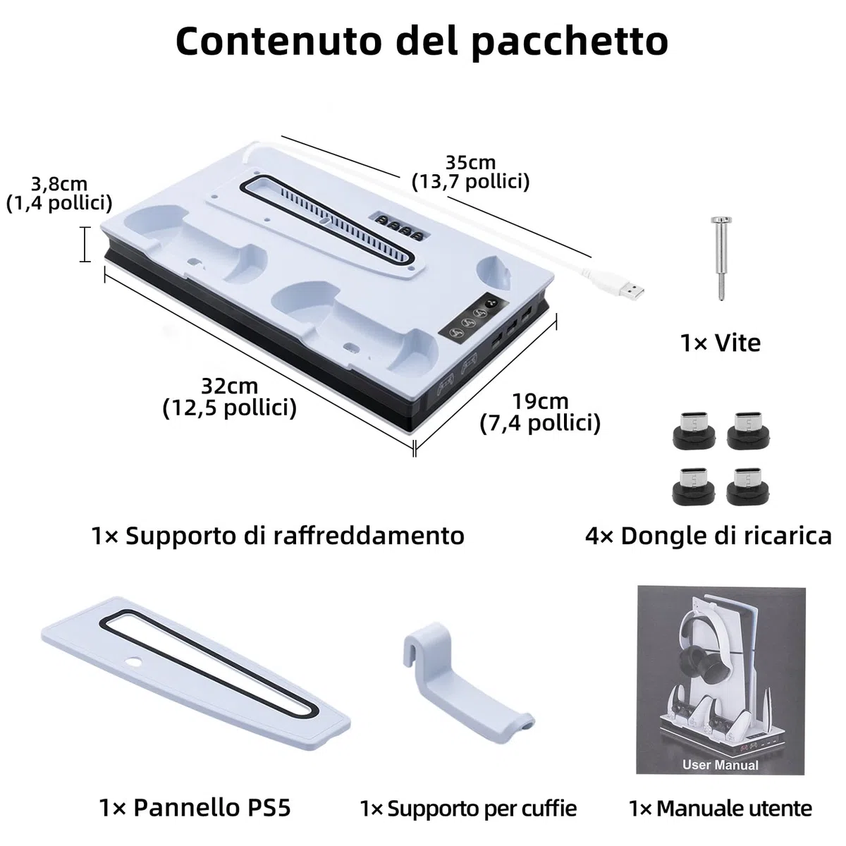 Mcbazel PS5/PS5 PRO/PS5 Slim Verticale Supporto di Raffreddamento, Stazione Ventola di Raffreddamento Regolabile con Supporto Cuffie,Stazione di Caricatore Doppio Controller Joystick per PS5 Slim/PS5