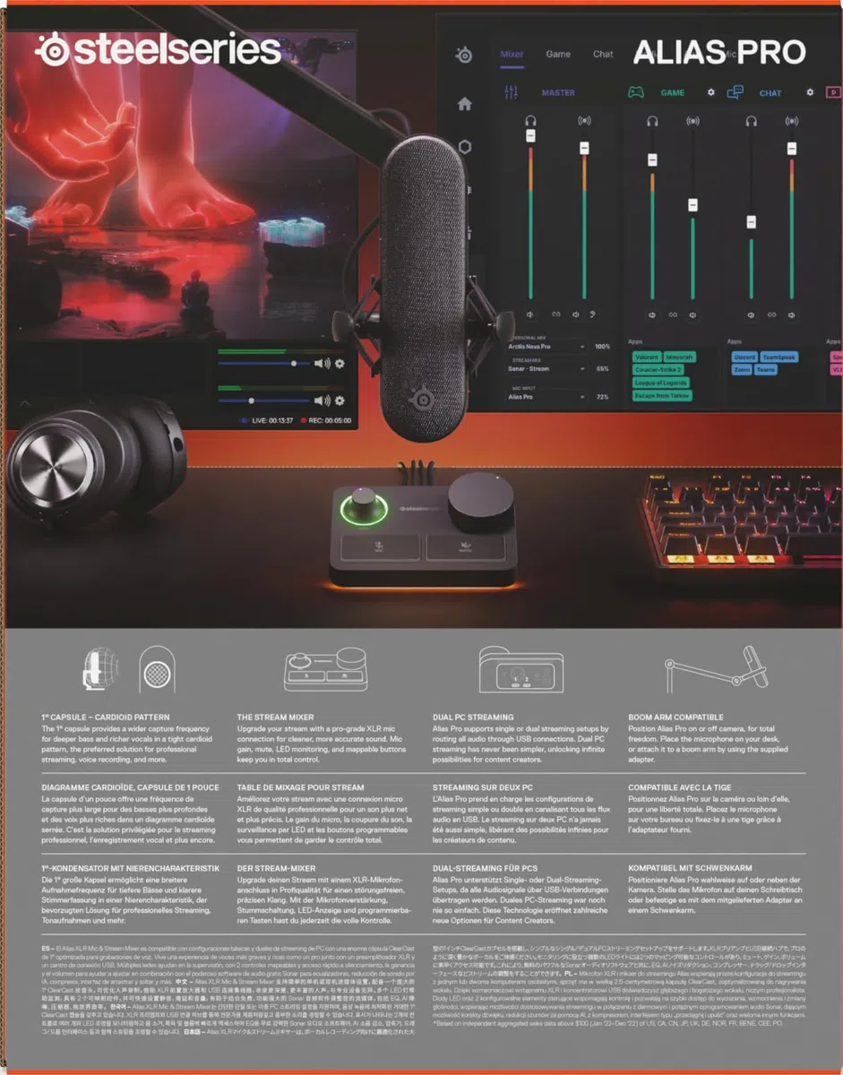 SteelSeries Alias Pro Kit - Microfono XLR + Stream Mixer - Capsula 3x più grande per il gioco, lo streaming e il podcasting - Interfaccia USB/XLR - Controlli personalizzati - RGB - PC singolo o doppio